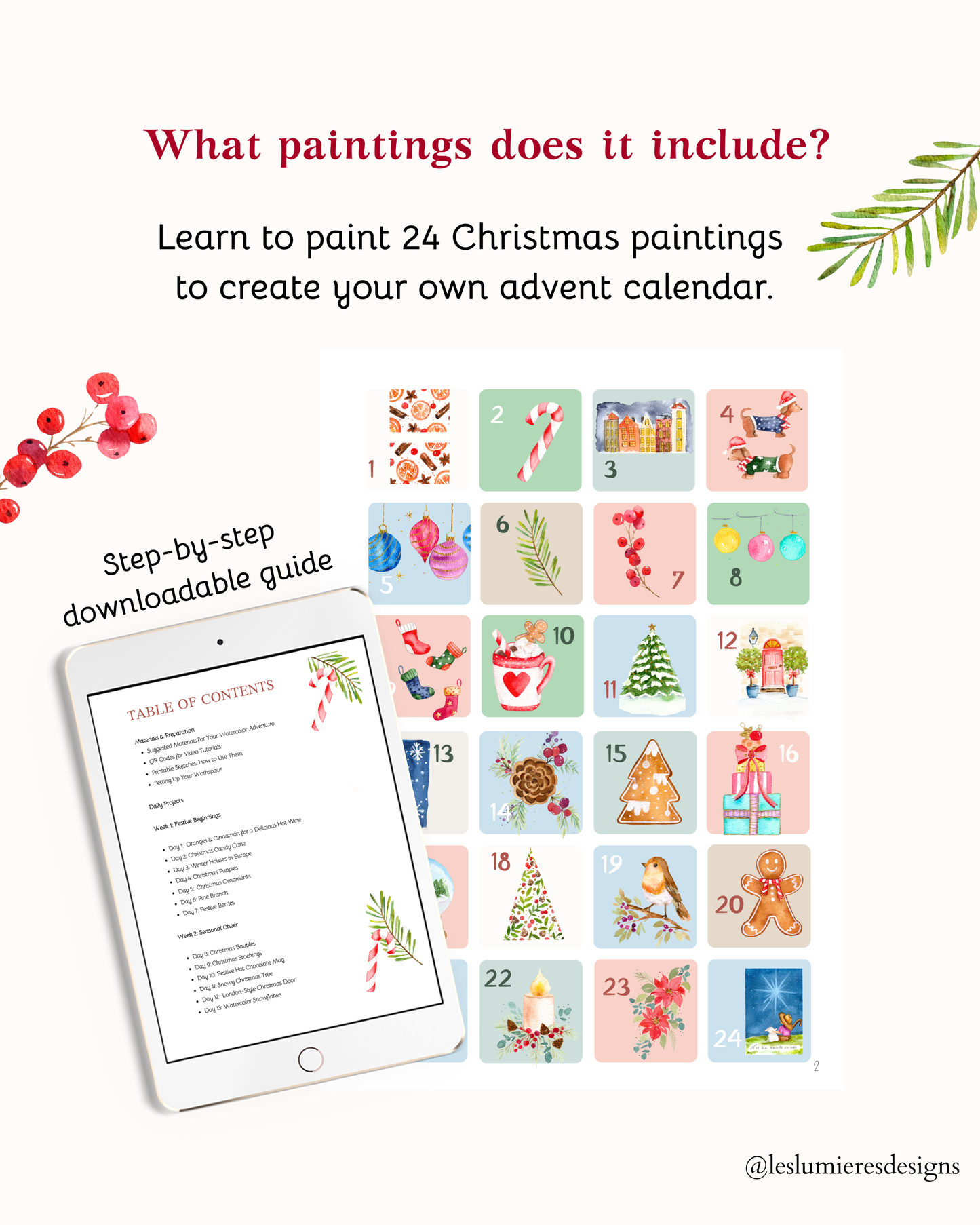Watercolor Christmas Advent Calendar eBook- Instant Download & Print