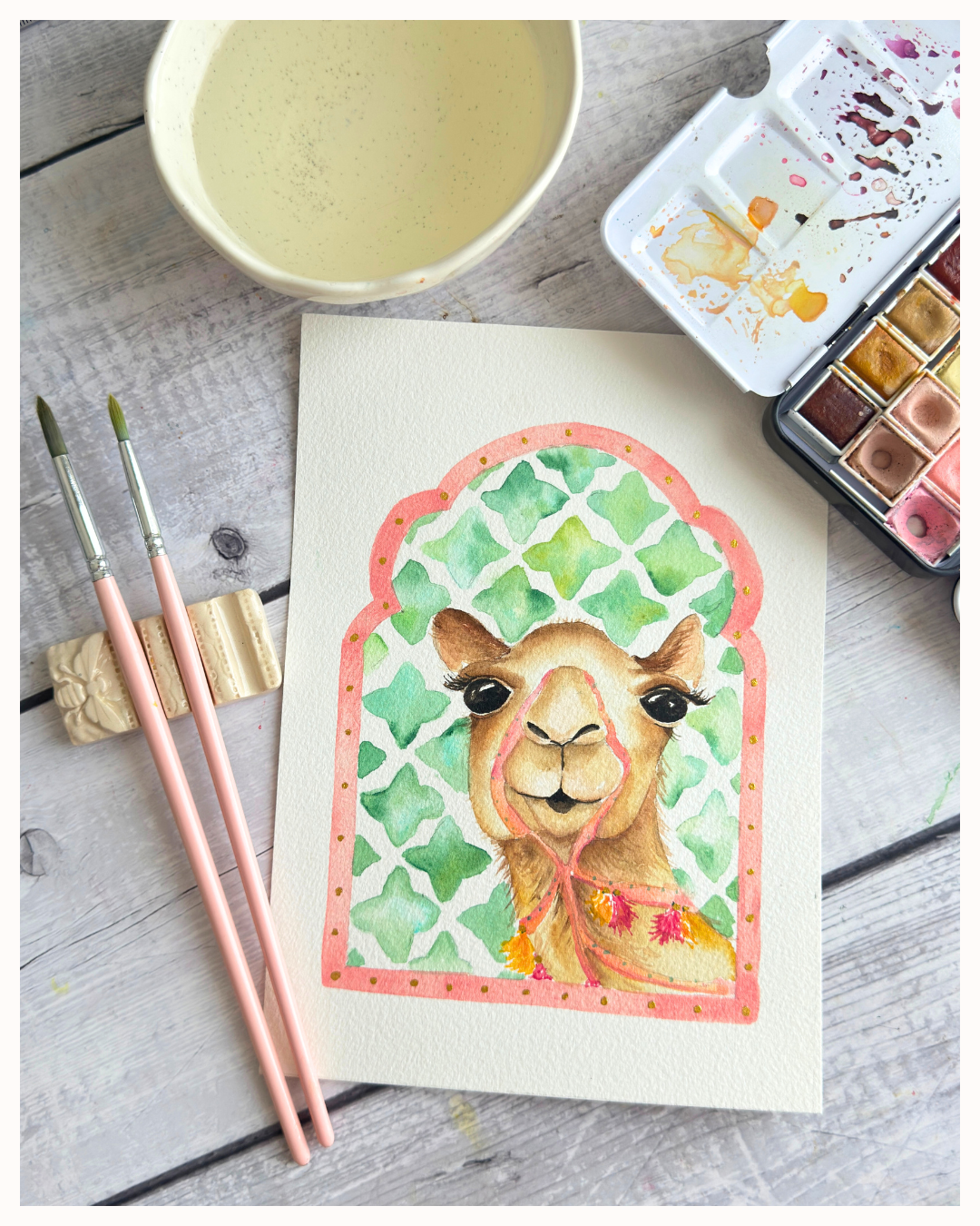 Watercolor Camel with Arabic Mosaic Details