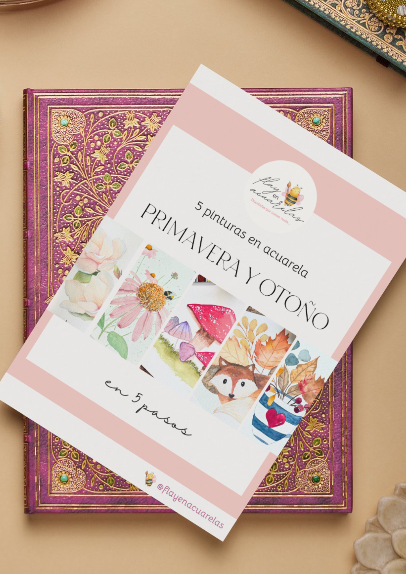 Primavera y Otoño Ebook, Guía PDF Acuarela – 5 Pinturas Paso a Paso + Bocetos para Calcar – Descargable