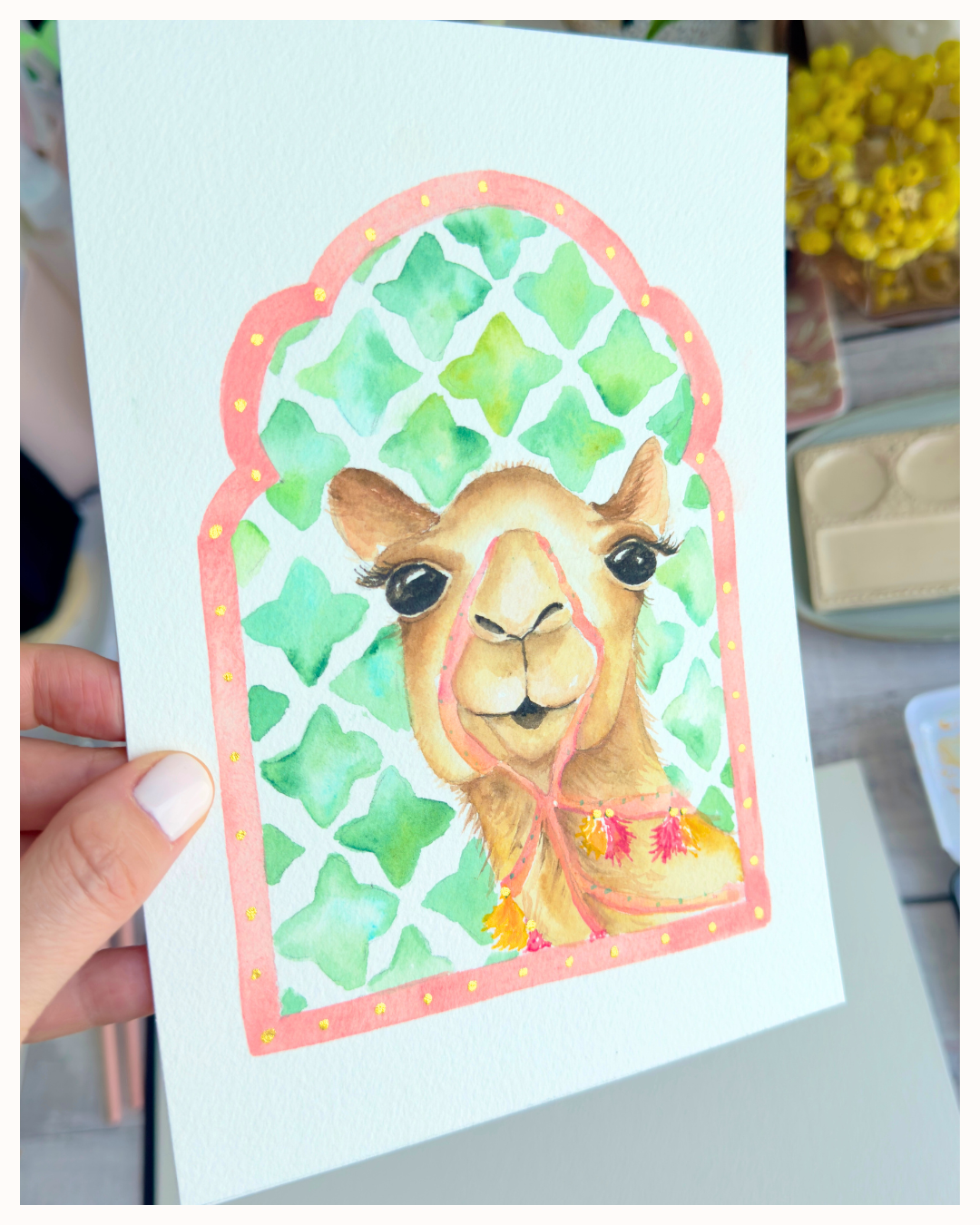 Watercolor Camel with Arabic Mosaic Details