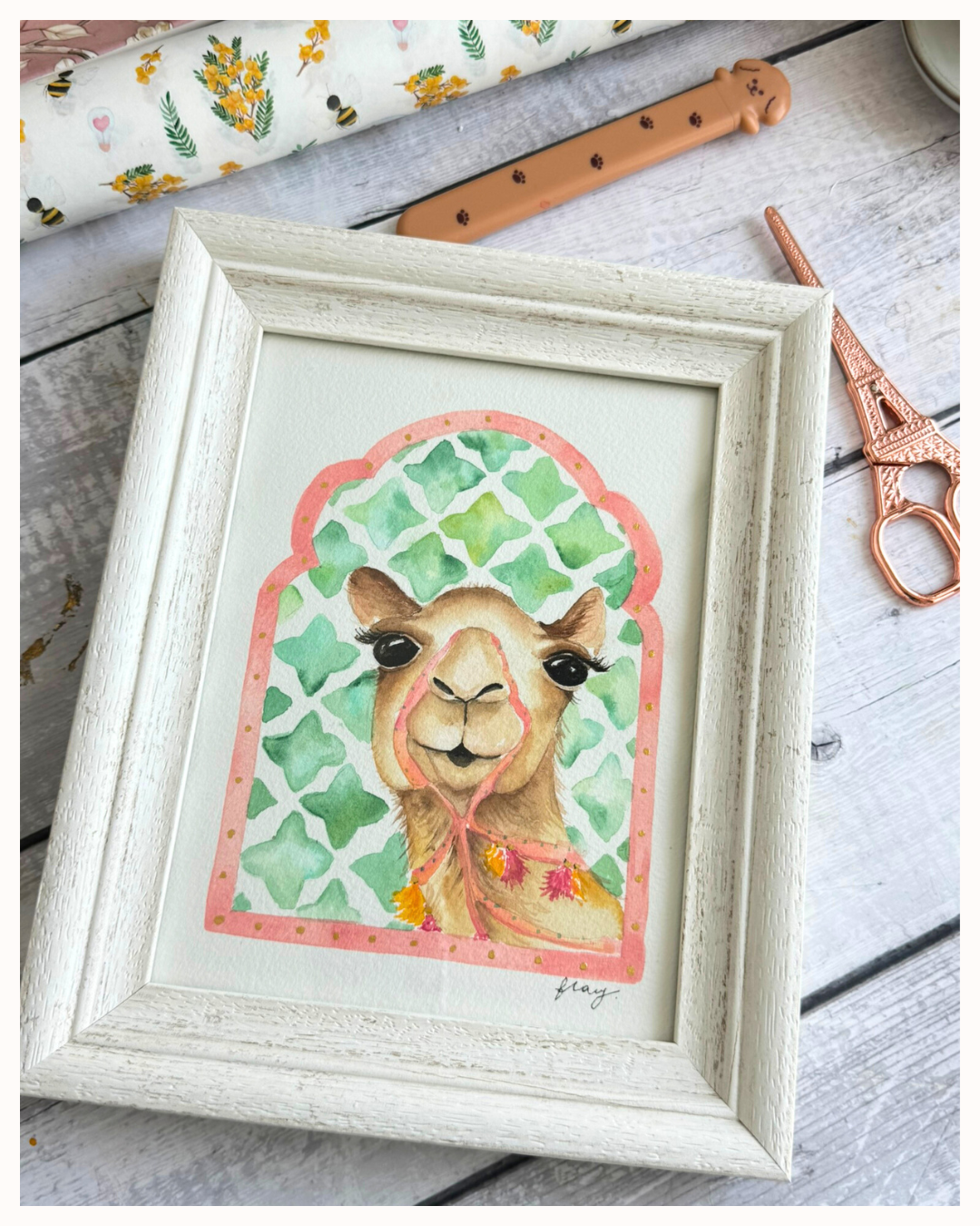 Watercolor Camel with Arabic Mosaic Details