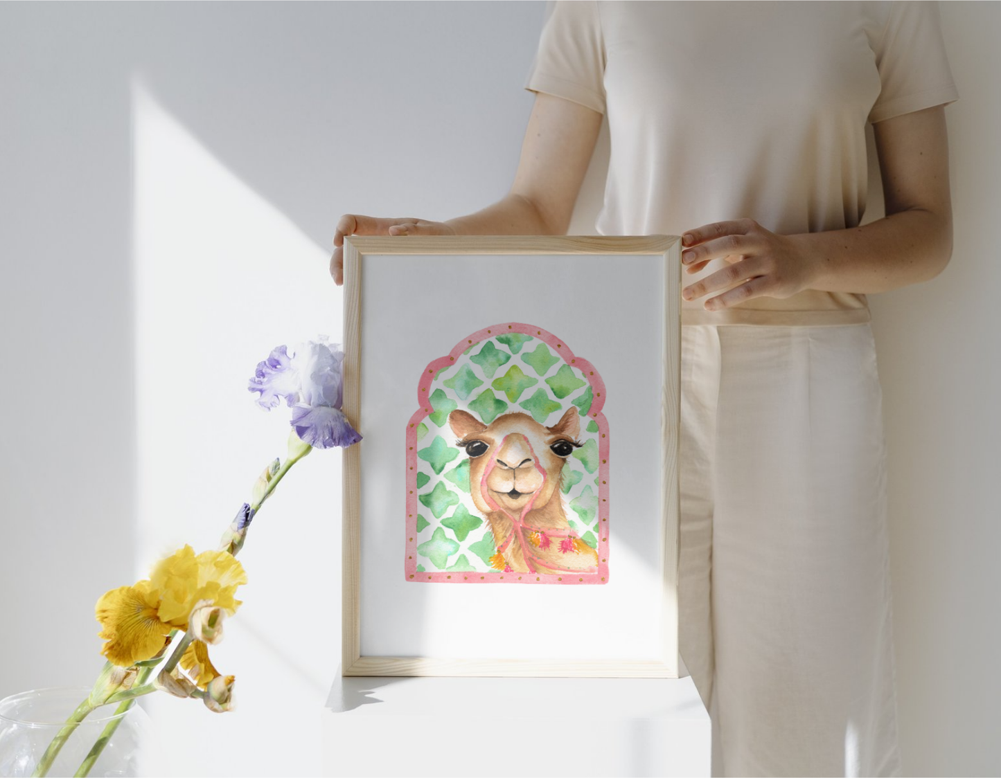 Watercolor Camel with Arabic Mosaic Details
