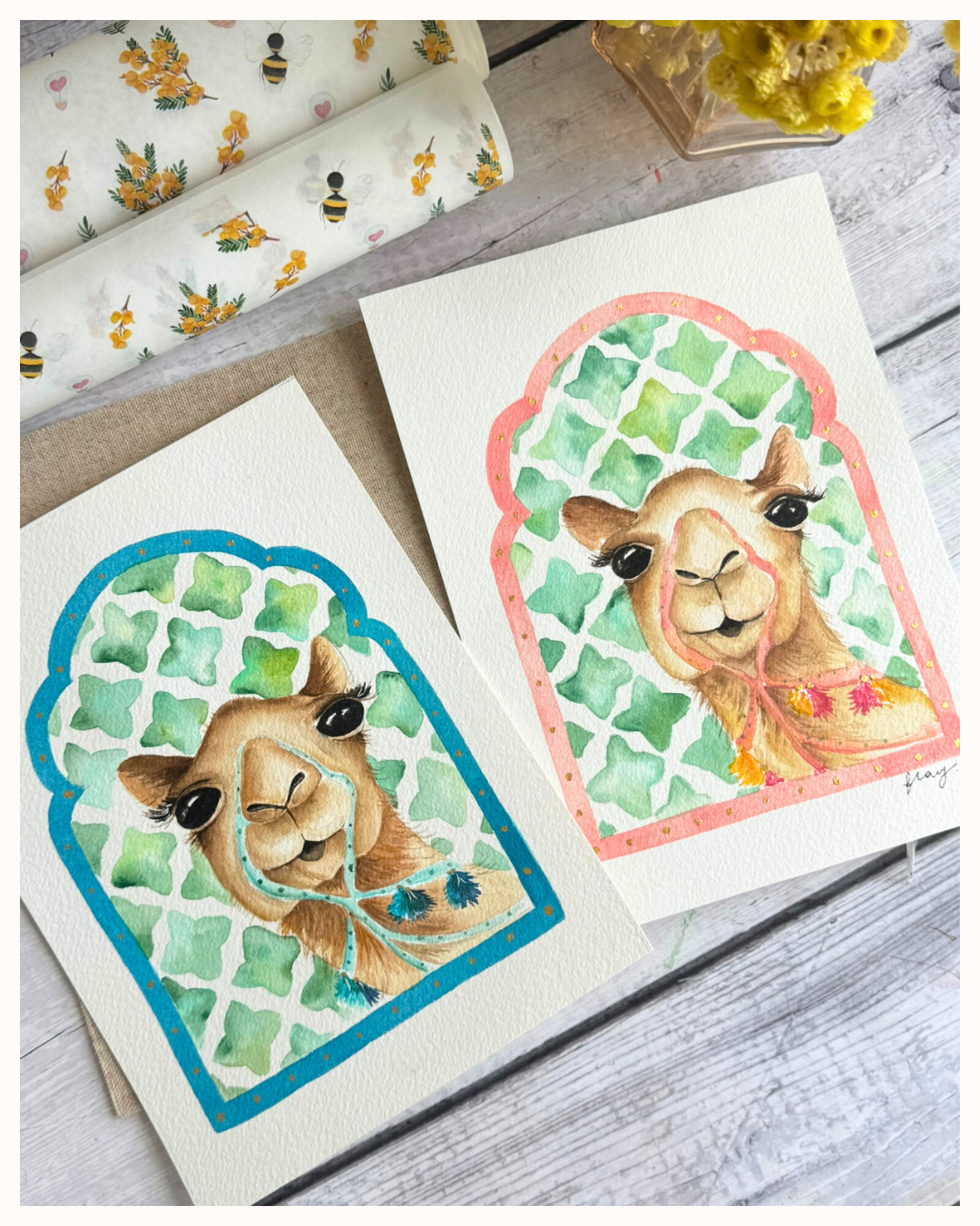 Watercolor Camel with Arabic Mosaic Details