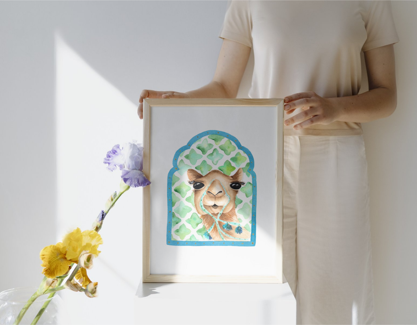 Watercolor Camel with Arabic Mosaic Details