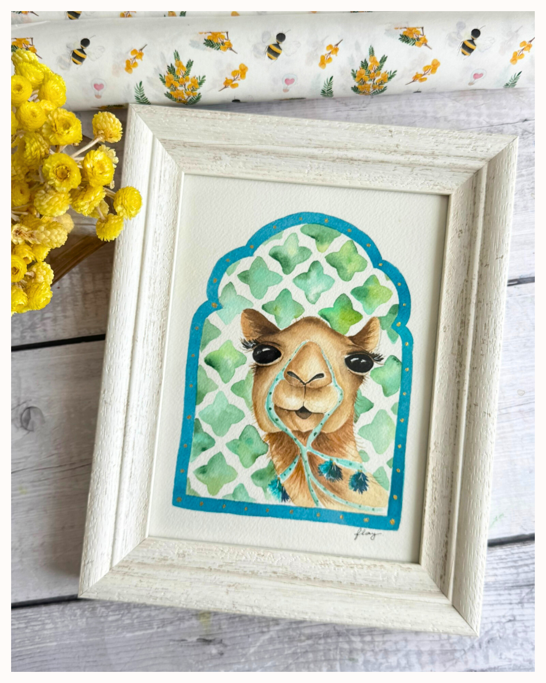 Watercolor Camel with Arabic Mosaic Details