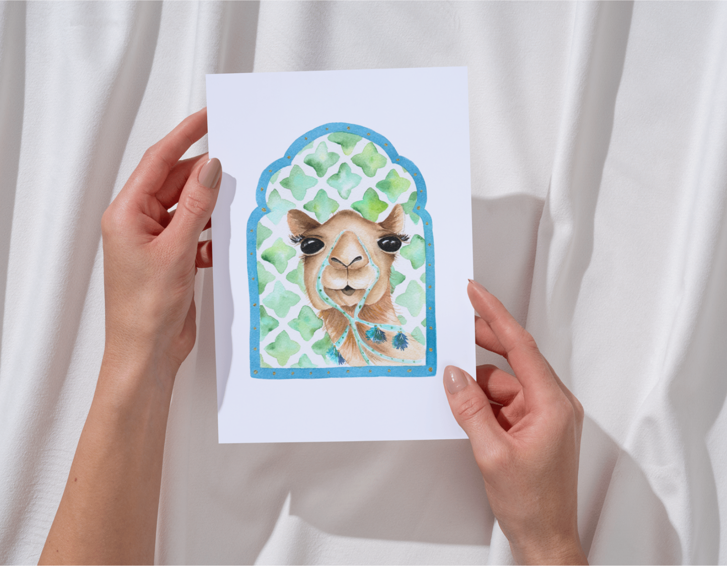 Watercolor Camel with Arabic Mosaic Details