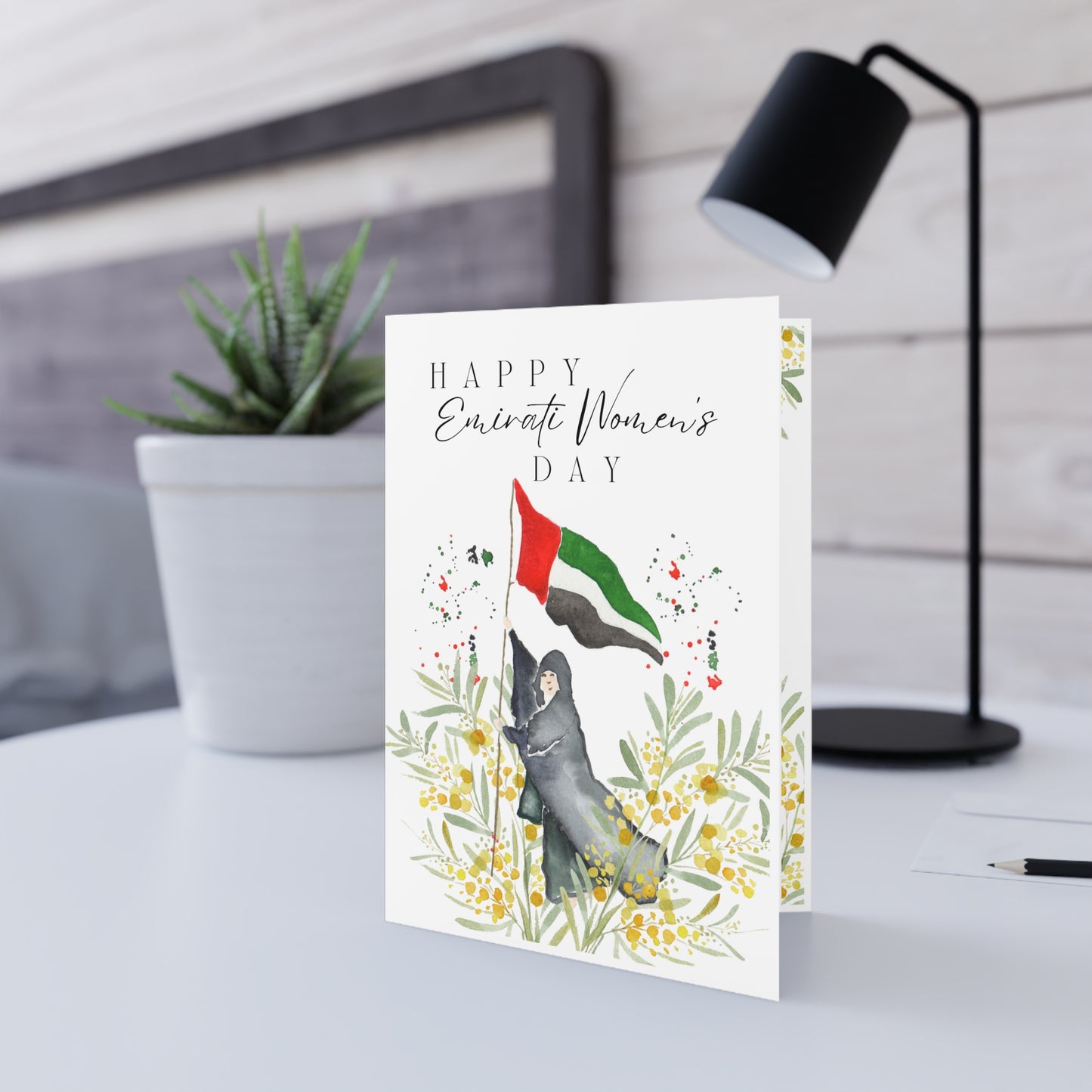 Happy Emirai women's day Handmade card with watercolor illustration