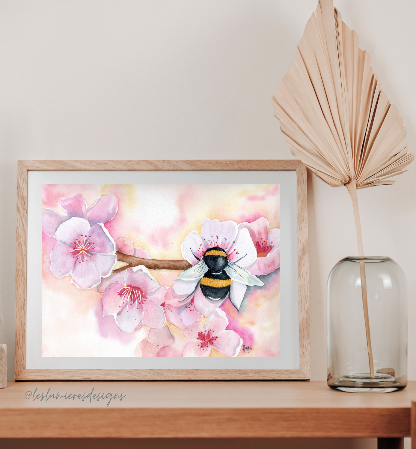 Acuarela Flores de cerezo y abeja "Hermosa"