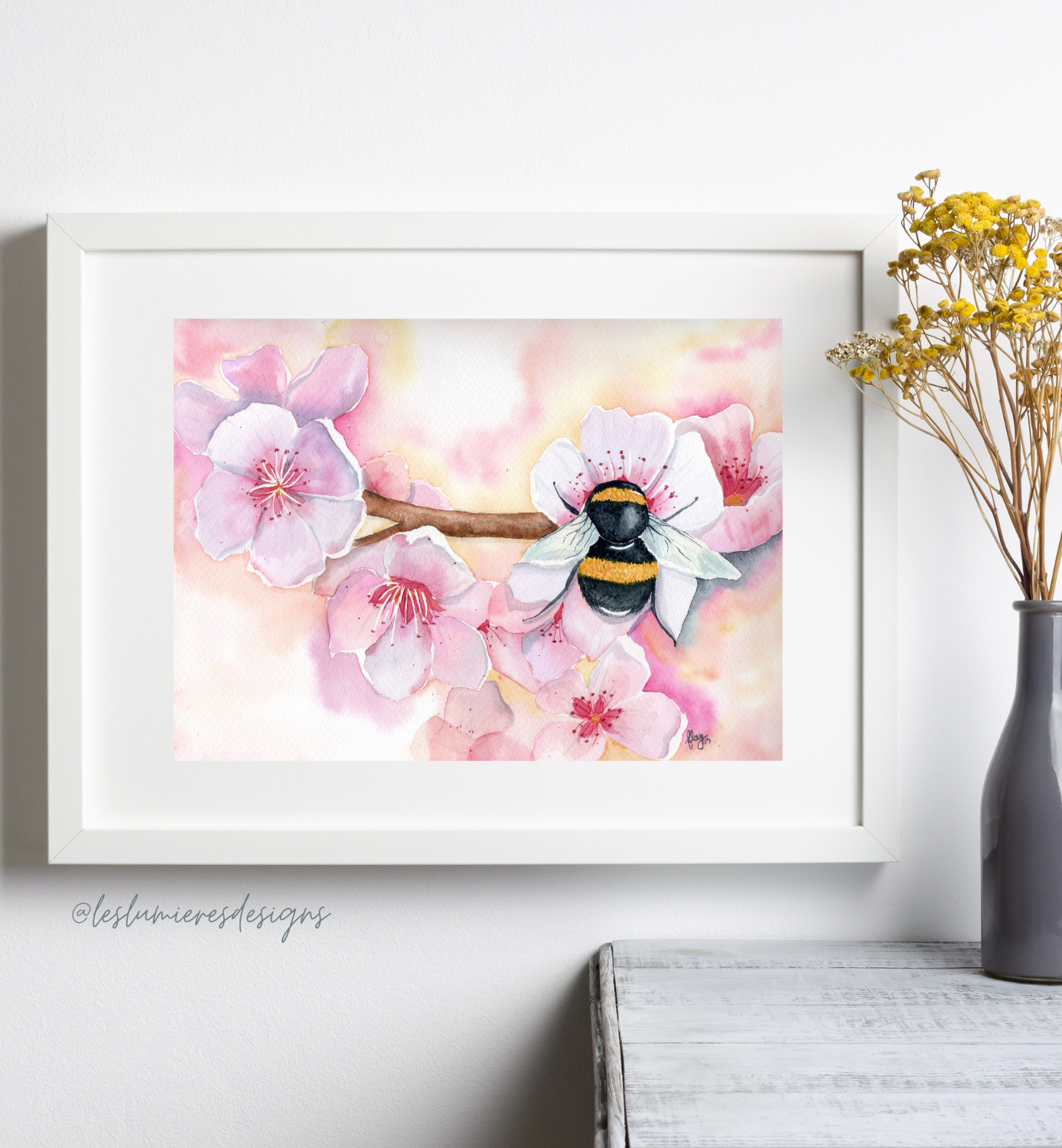 Acuarela Flores de cerezo y abeja "Hermosa"