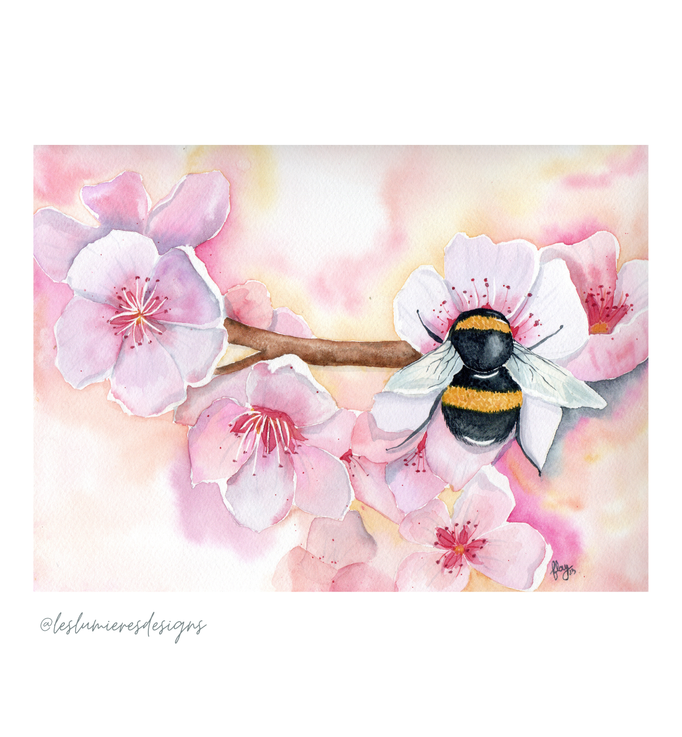 Acuarela Flores de cerezo y abeja "Hermosa"