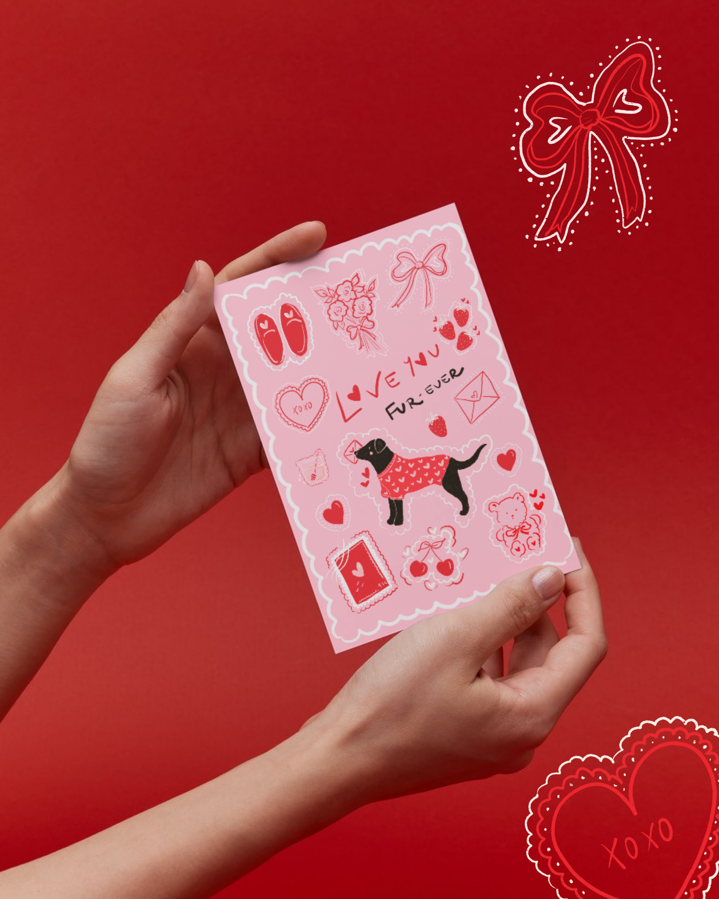 Valentine’s Love you Fur-ever Black Labrador  Card -Art Print– Digital Download