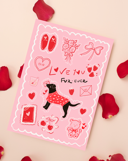 Valentine’s Love you Fur-ever Black Labrador  Card -Art Print– Digital Download
