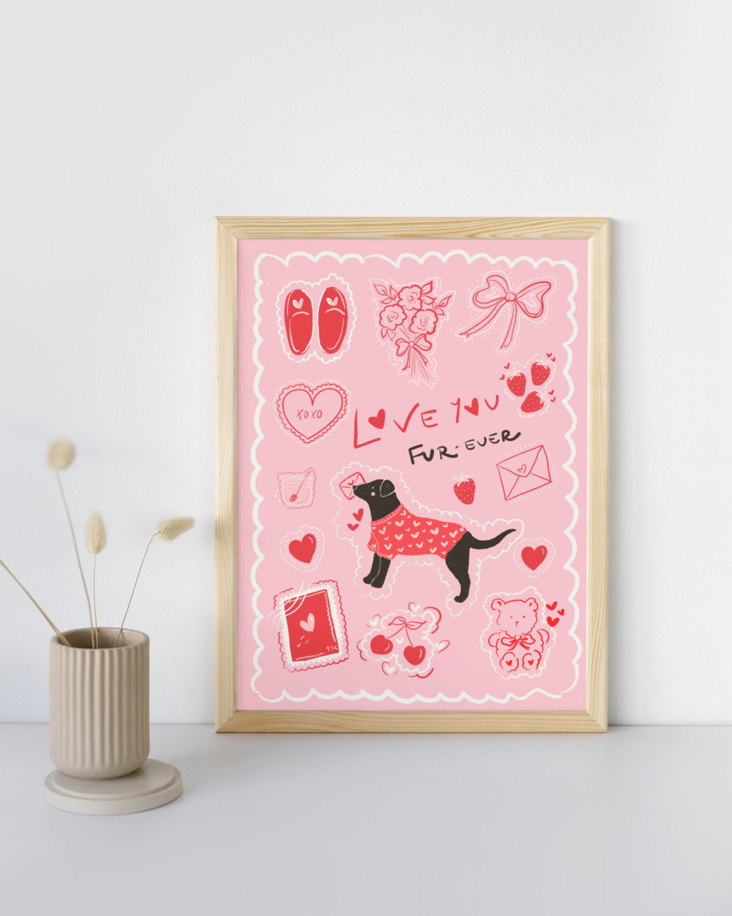 Valentine’s Love you Fur-ever Black Labrador  Card -Art Print– Digital Download
