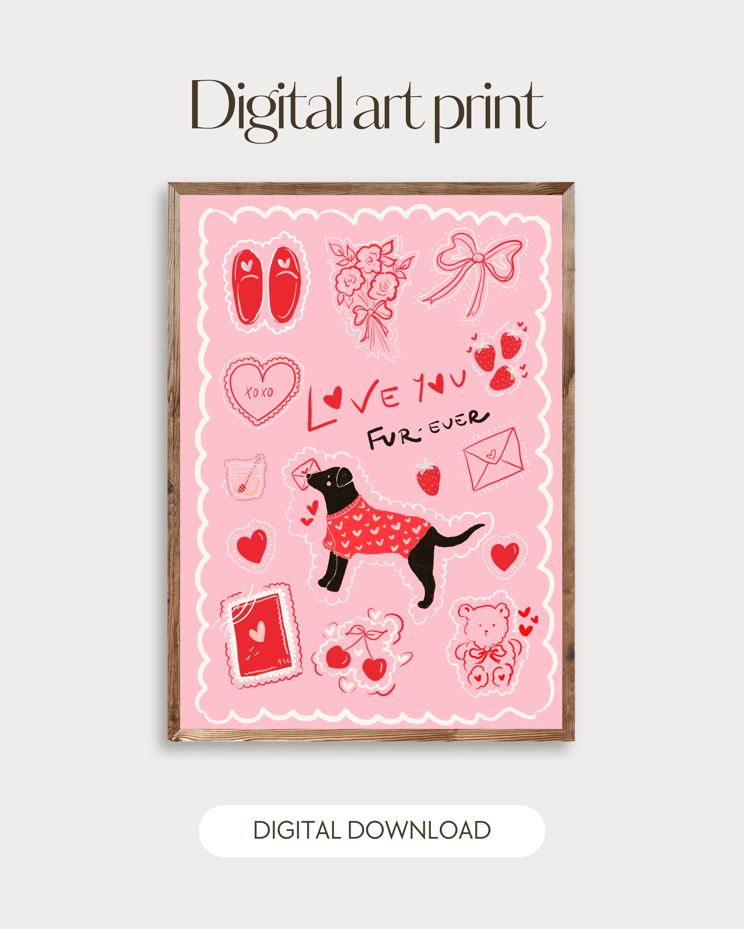 Valentine’s Love you Fur-ever Black Labrador  Card -Art Print– Digital Download