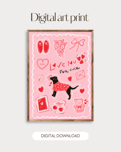 Valentine’s Love you Fur-ever Black Labrador  Card -Art Print– Digital Download