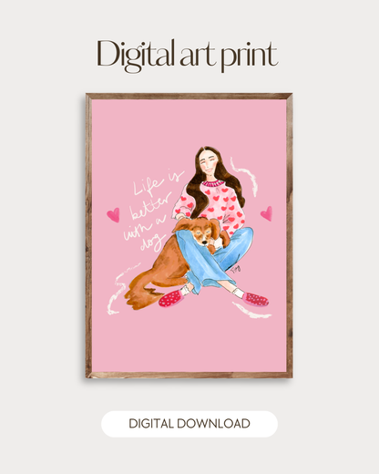 Lady with Dog – Printable Watercolor Art Instant Download | DIY Wall Art & Cards