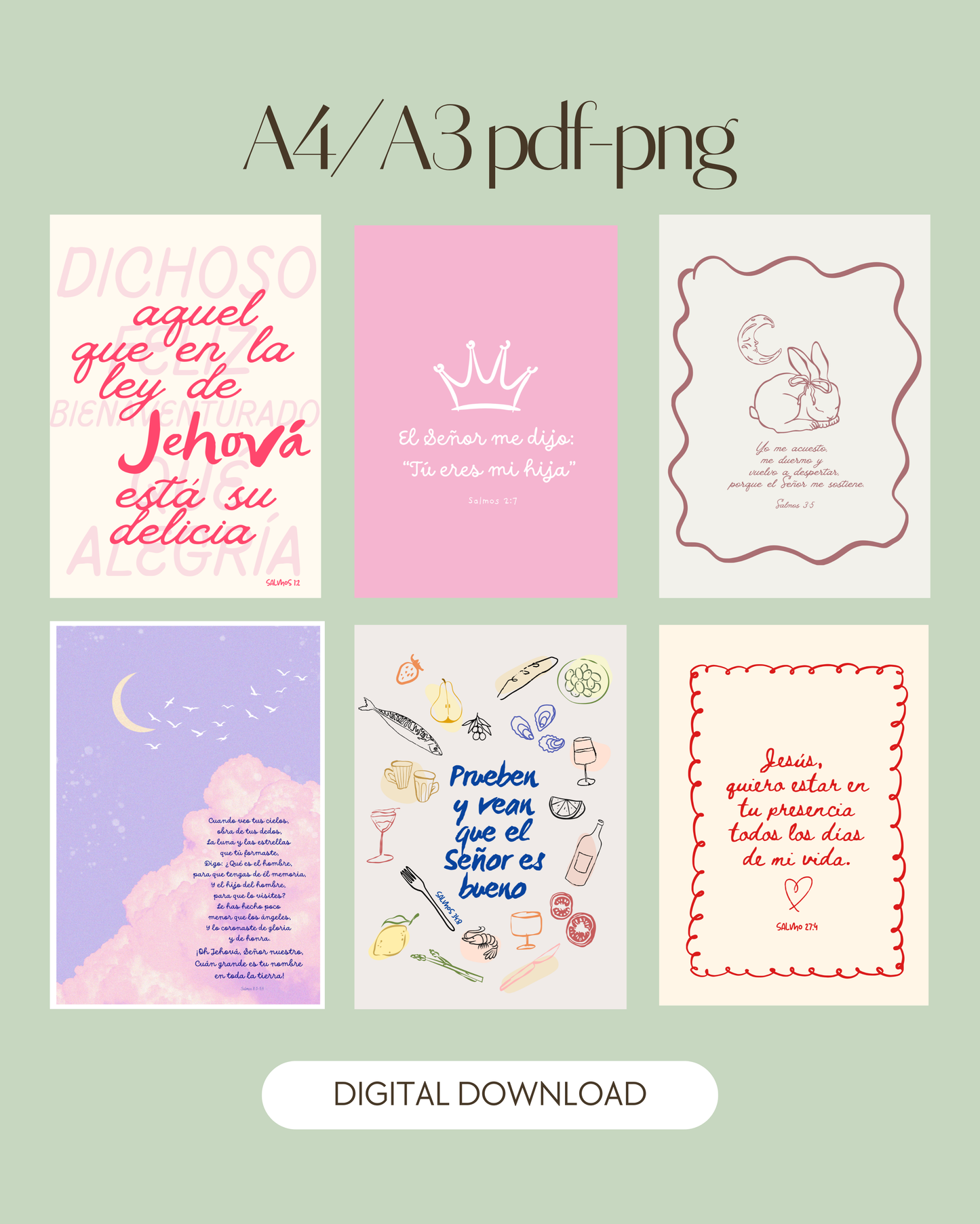 Psalms Spanish Bible Verse Printable Pack 12 designs– Christian Wall Art – Digital Download